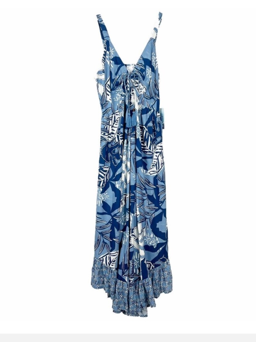 NWT Goa Beachwear by Japna Jumpsuit Wide Ruffle Leg Tropical Blue/White Size L